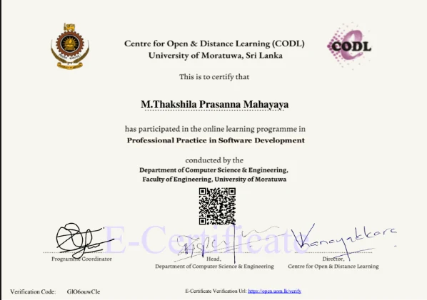 Professional Practice in Software Development certificate – Thakshila Prasanna